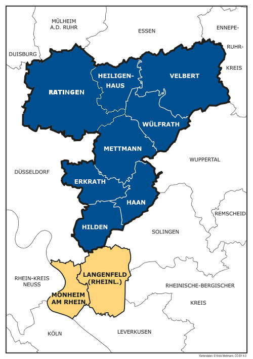 Einzugsbereich des BSV für den Kreis Mettmann - eine Landkarte des Kreises Mettmann mit den umliegenden Städten und Kreisen. Zum BSV für den Kreis Mettmann gehören von Nord nach Süd die Städte Ratingen, Heiligenhaus, Velbert, Wülfrath, Mettmann, Erkrath, Haan und Hilden. Die Städte Langenfeld und Monheim am Rhein gehören zum Verband Rhein-Wupper.